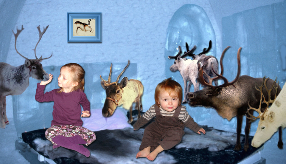 Esme feeding reindeers in the ice hotel whilst otto is being sniffed